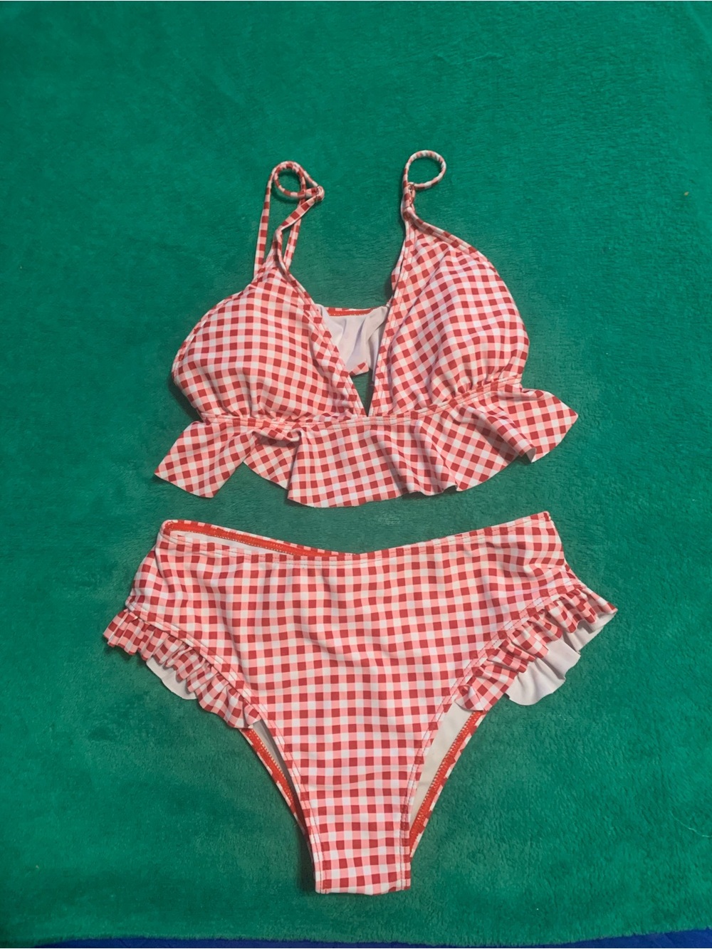 Red size small vintage inspired Gingham Ruffled Bikini Set